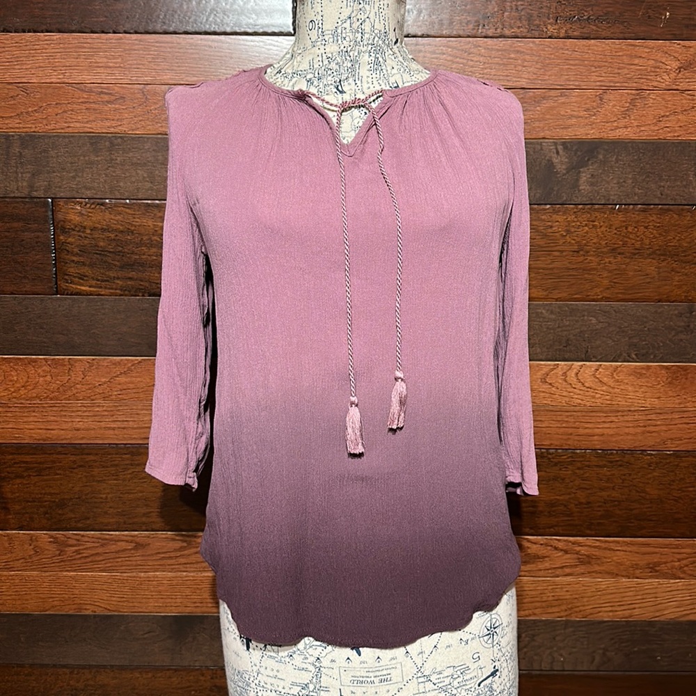 Como Vintage Tie V Neck 3/4 Sleeve Purple Ombre Blouse